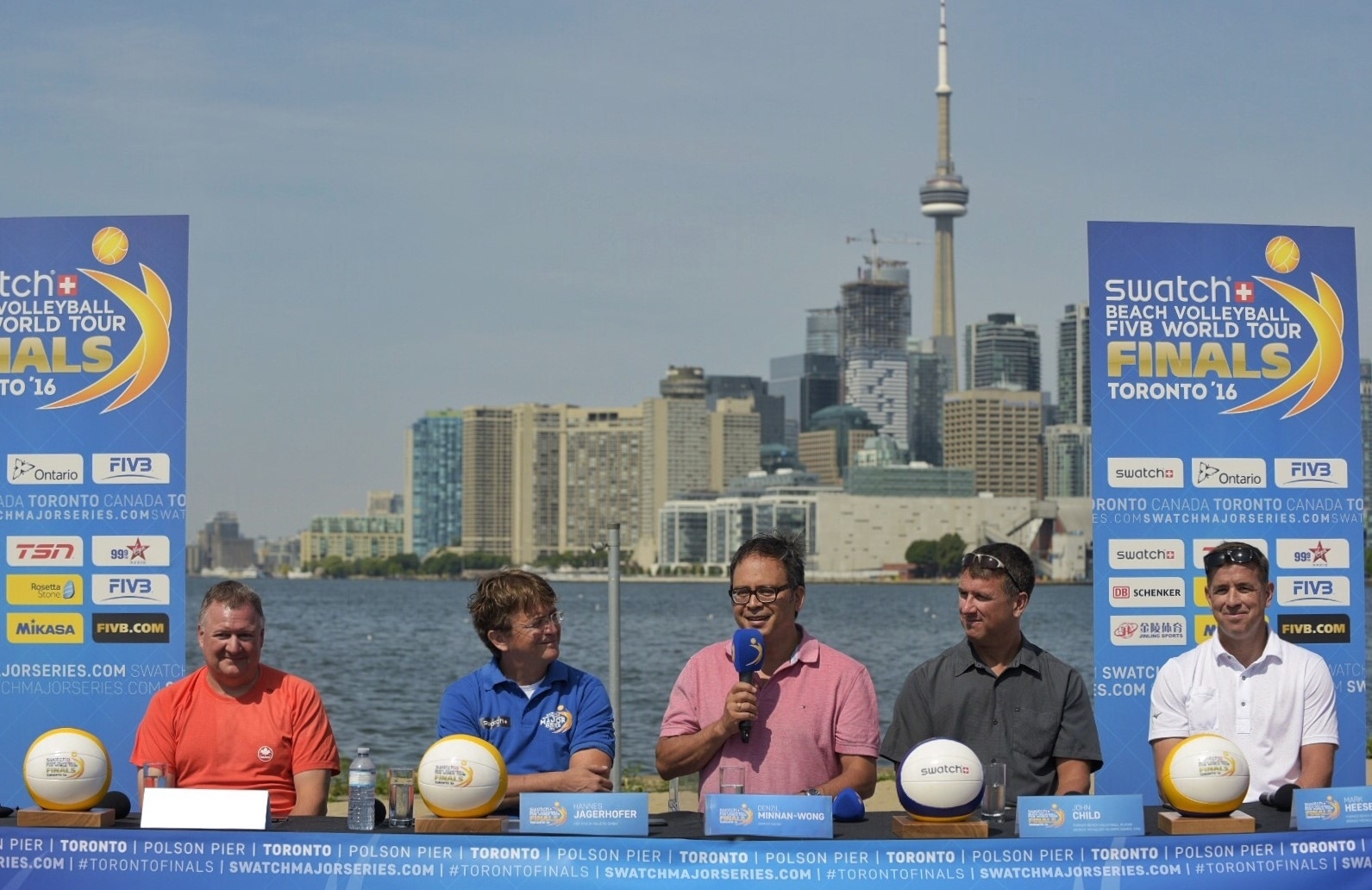 Mark Eckert (President Canadian Volleyball Federation), Hannes Jagerhofer (CEO Beach Majors GmbH), Denzil Minnan-Wong (Toronto City Councillor), John Child (Olympic bronze medalist), Mark Heese (Olympic bronze medalist), pictured at Thursday's press conference to unveil Toronto as the host city for the Swatch Beach Volleyball FIVB World Tour Finals 2016.